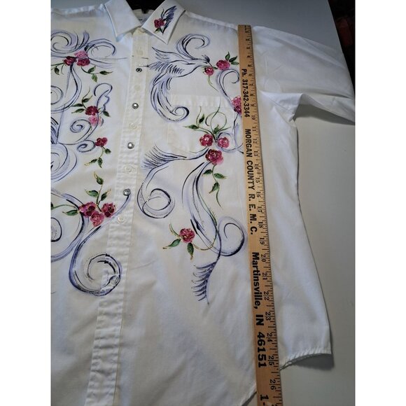 Hand-Painted Creative Artwear White Button-Up Shirt  Floral  Bird Women's Med - Picture 9 of 12
